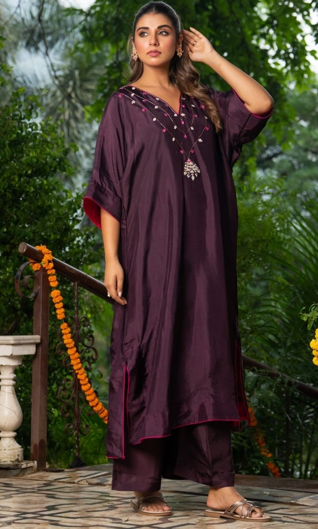 Afreen Wine Kaftan Suit Set