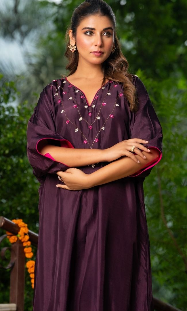Afreen Wine Kaftan Suit Set