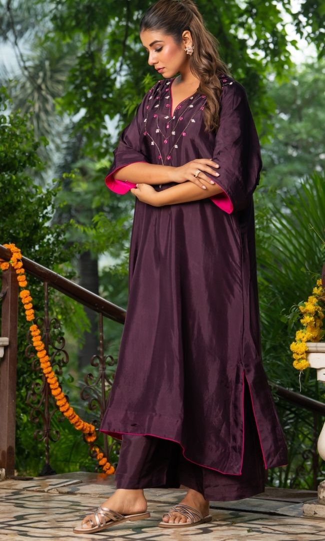 Afreen Wine Kaftan Suit Set