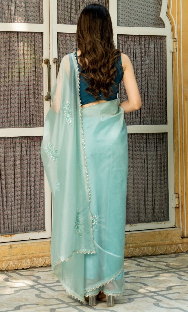 Arctic Blue Feather Handwork Saree