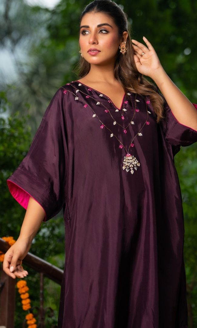 Afreen Wine Kaftan Suit Set