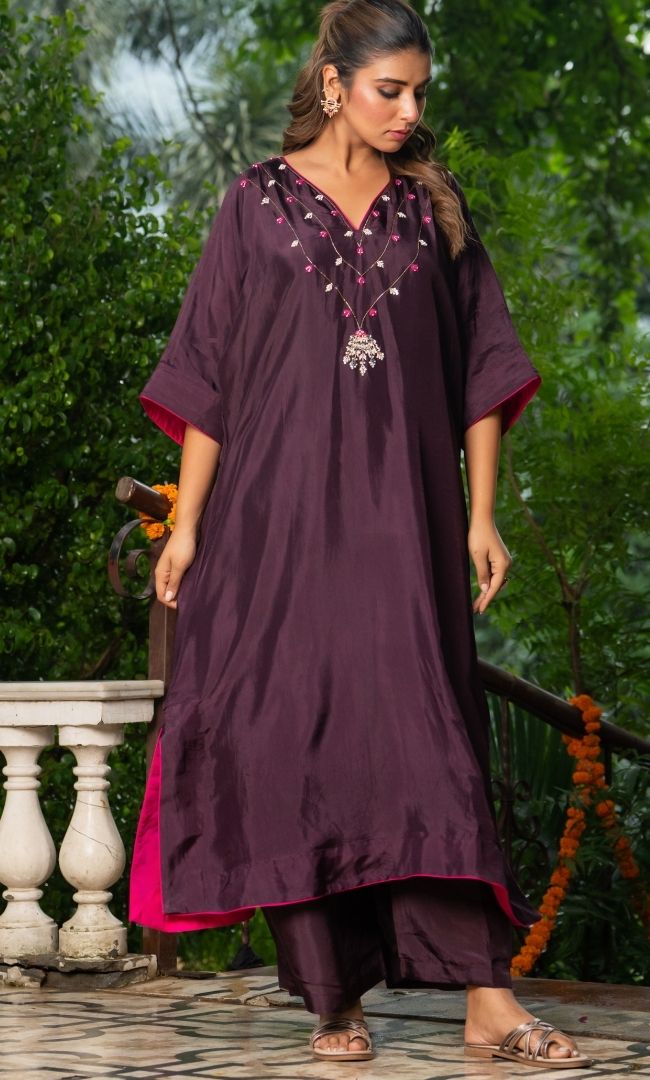 Afreen Wine Kaftan Suit Set