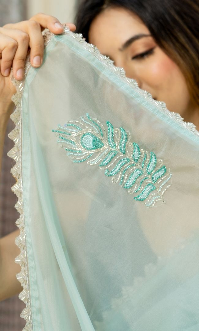 Arctic Blue Feather Handwork Saree