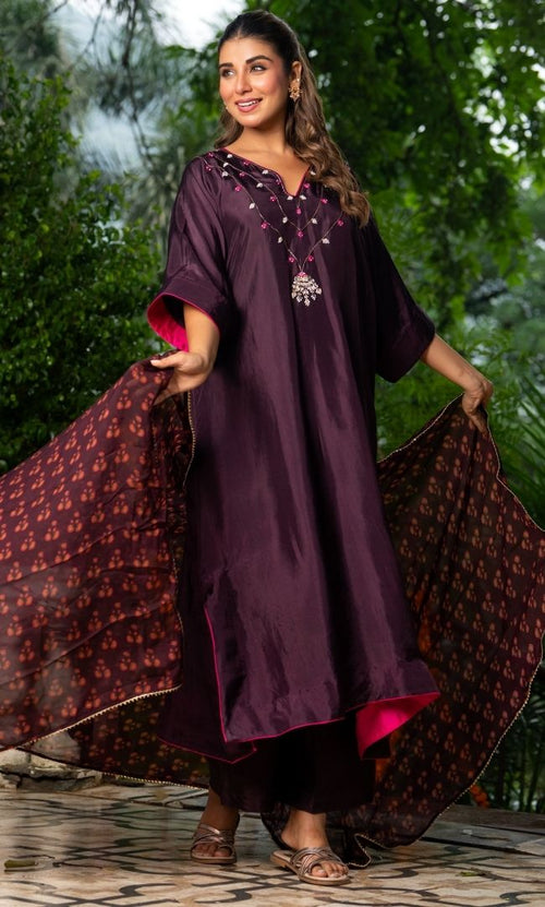 Afreen Wine Kaftan Suit Set