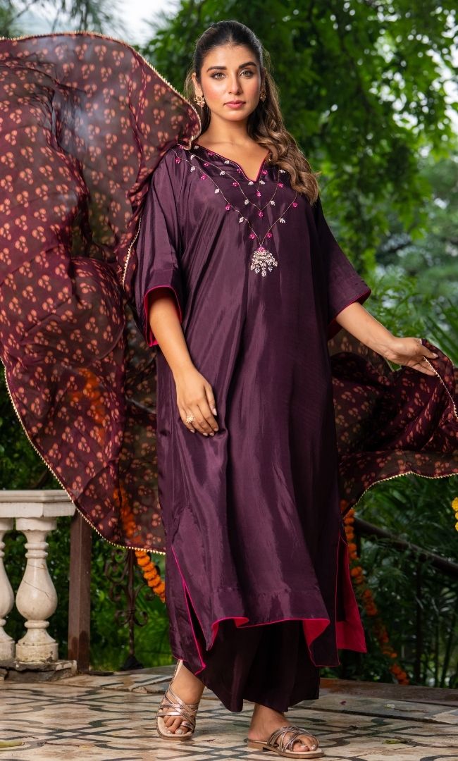 Afreen Wine Kaftan Suit Set