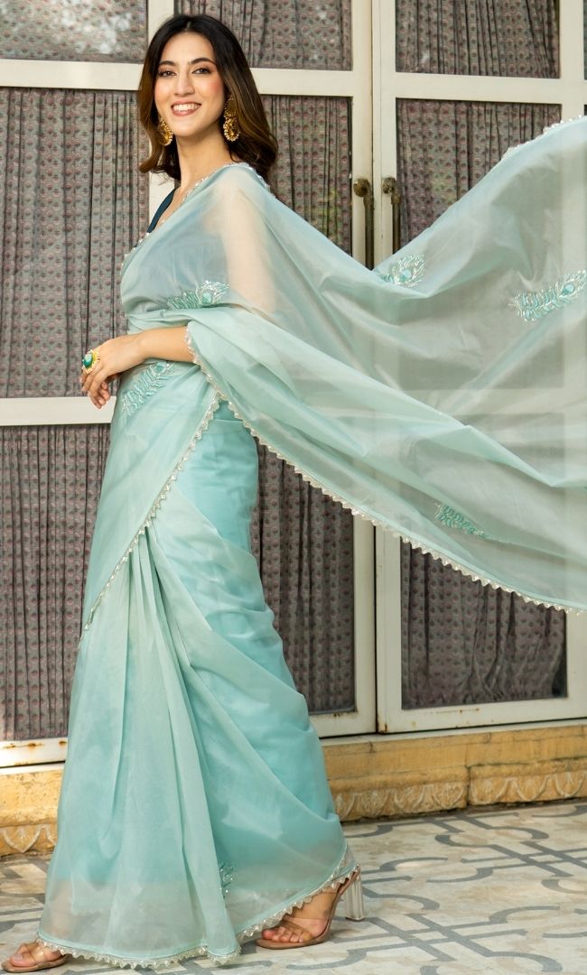 Arctic Blue Feather Handwork Saree