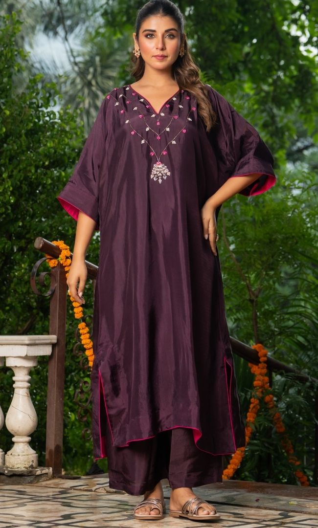 Afreen Wine Kaftan Suit Set