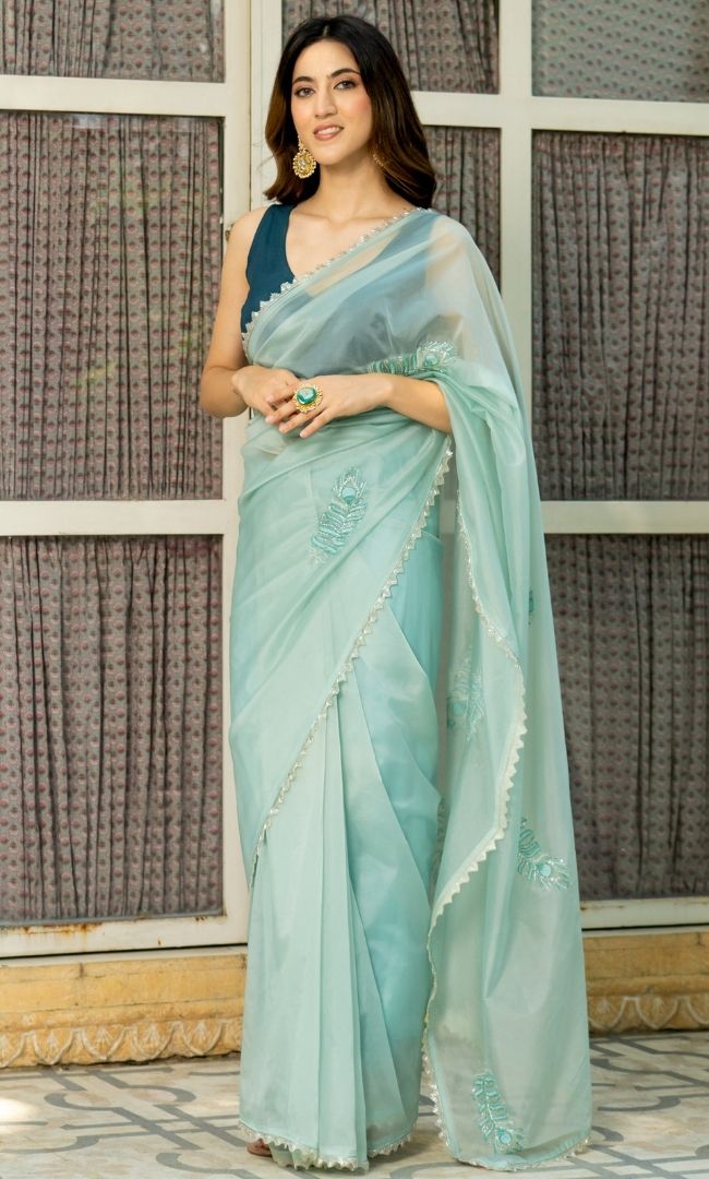 Arctic Blue Feather Handwork Saree