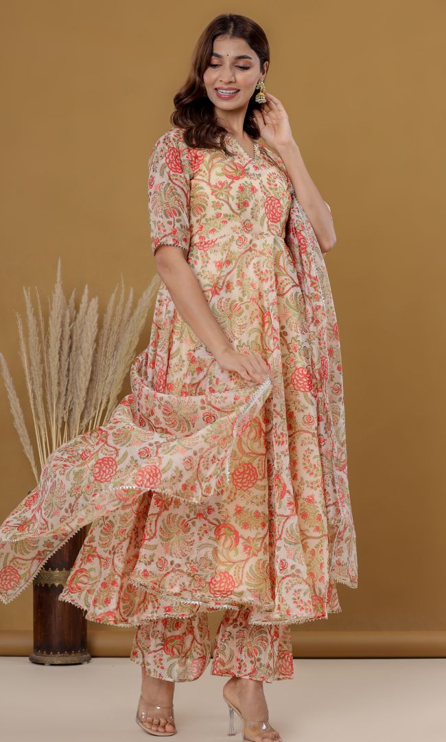 Beige Floral Anarkali Set