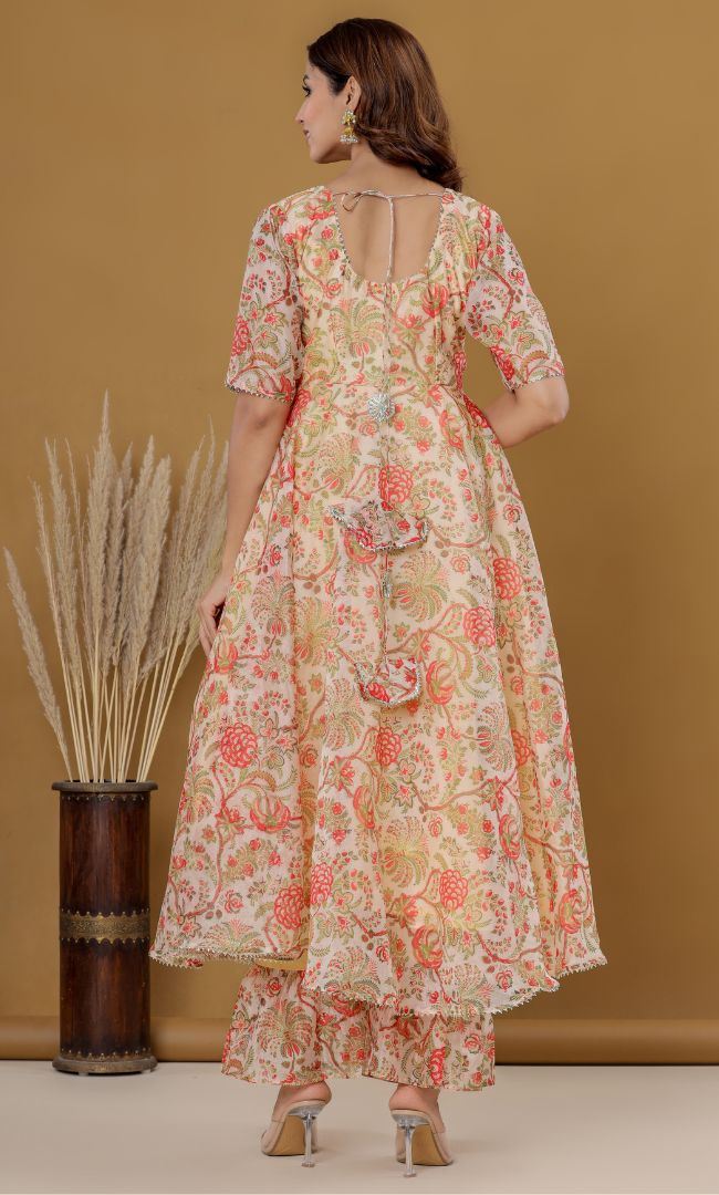 Beige Floral Anarkali Set