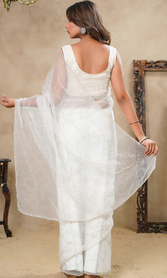 Beige Cutdana Circles With Sequence Bead Hightlight Saree