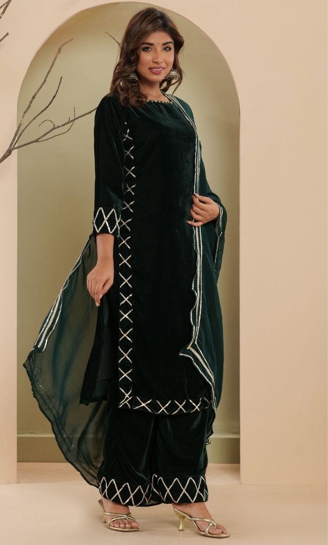 Basil Green Velvet Kurta Set