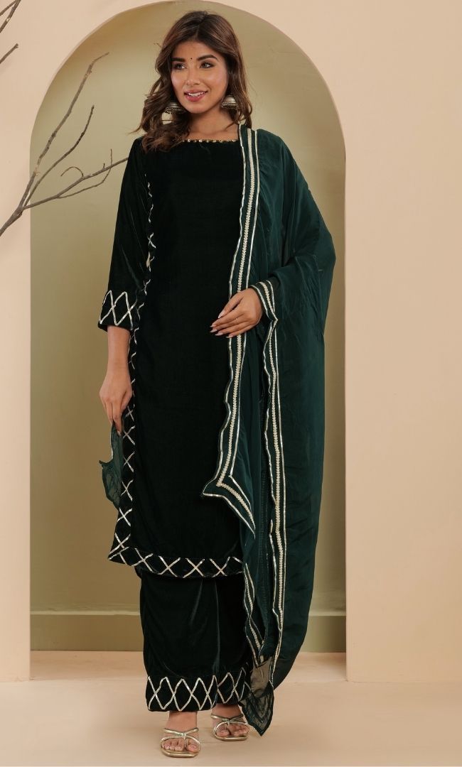 Basil Green Velvet Kurta Set
