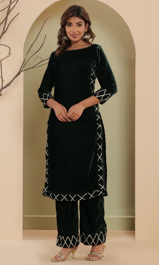 Basil Green Velvet Kurta Set